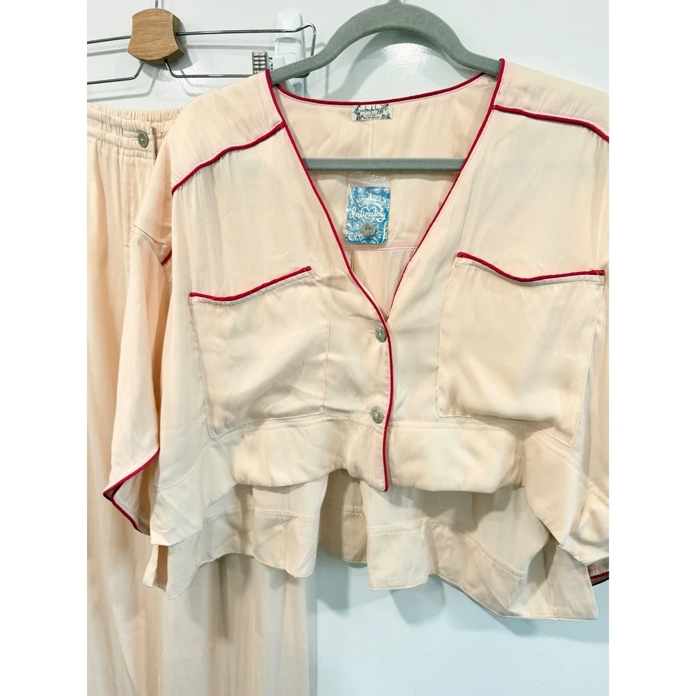 Free People Intimately Satin Pajama Set Sugar Pink Red Piping XS NEW